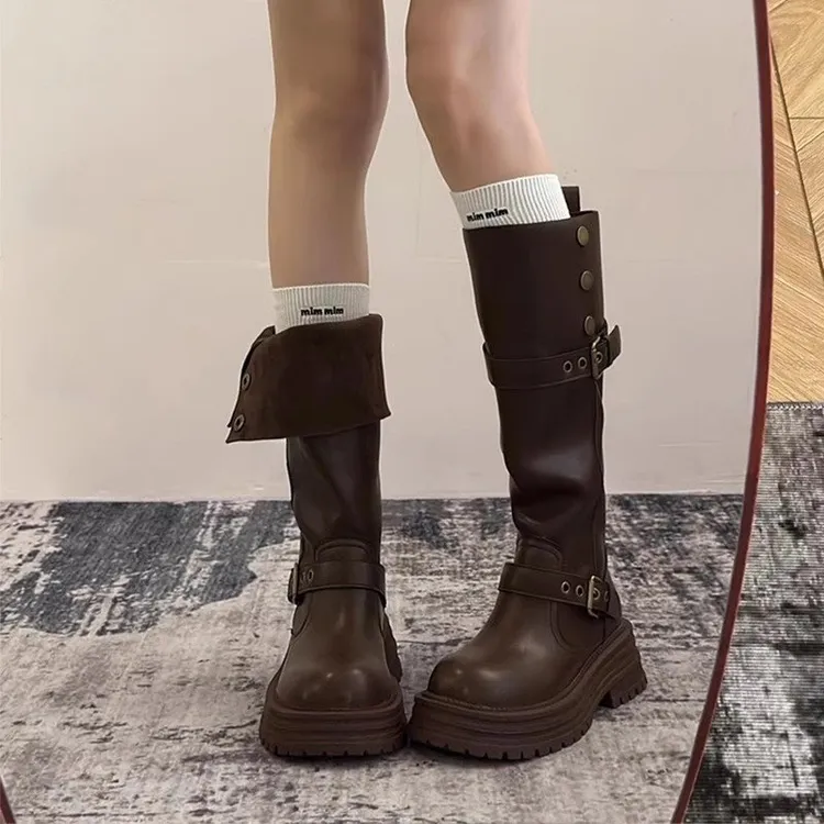 美拉德棕色靴子女款爆款2025新款小个子厚底增高长筒靴牛仔骑士靴