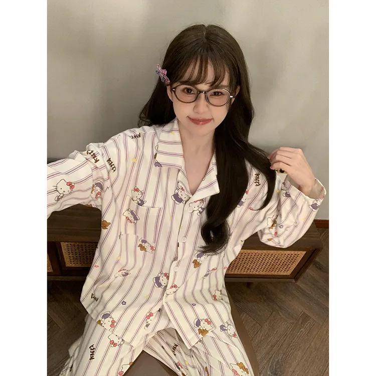 ins新款日系睡衣女春秋季长袖甜美可爱少女Kitty猫宽松家居服套装