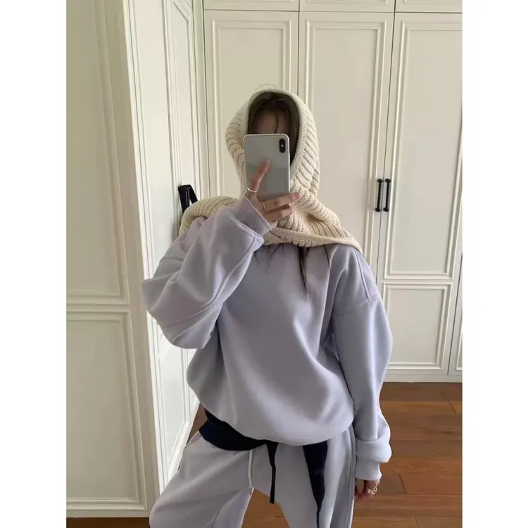韩系简约松弛慵懒加绒加厚保暖卫衣+宽松休闲阔腿裤套装 83068
