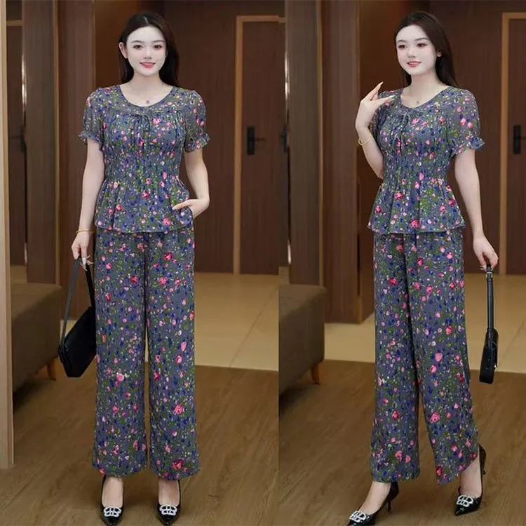 妈妈装夏季新款时尚套装小衫中年女装洋气减龄短袖T恤