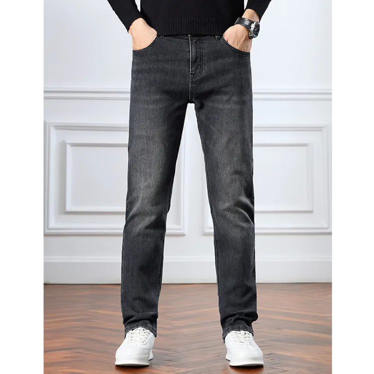 黑色修身弹力小脚水洗商务休闲新塘加绒牛仔长裤春秋冬新款男高端