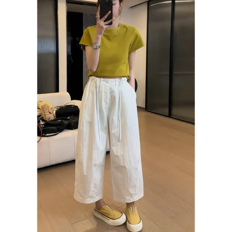 Aimeerosa/艾洛莎2025夏季白色系绳休闲裤宽松遮肉九分阔腿奶奶裤