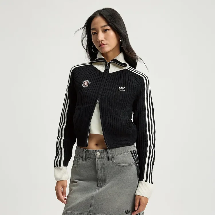 Adidas三叶草时尚复古全开襟运动宽修身针织衫KF0718