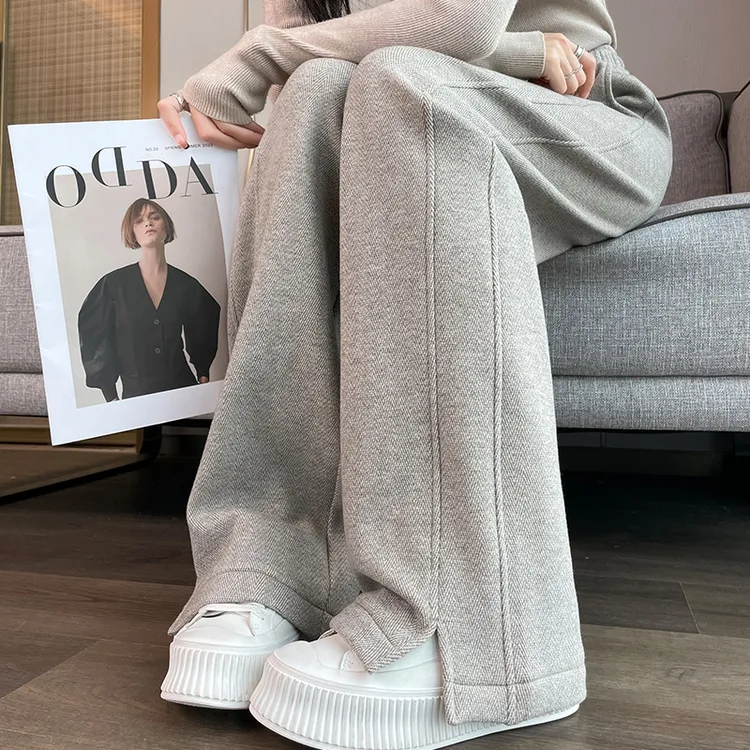 开叉阔腿裤女毛呢大码加绒直筒宽松九分时尚加厚长裤秋冬休闲裤女