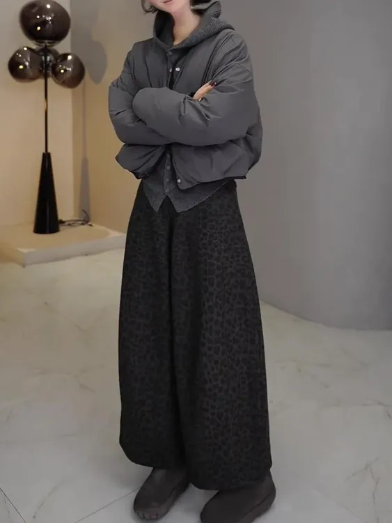 5004时尚高腰加绒款豹纹冬季阔腿裤秋冬休闲裤