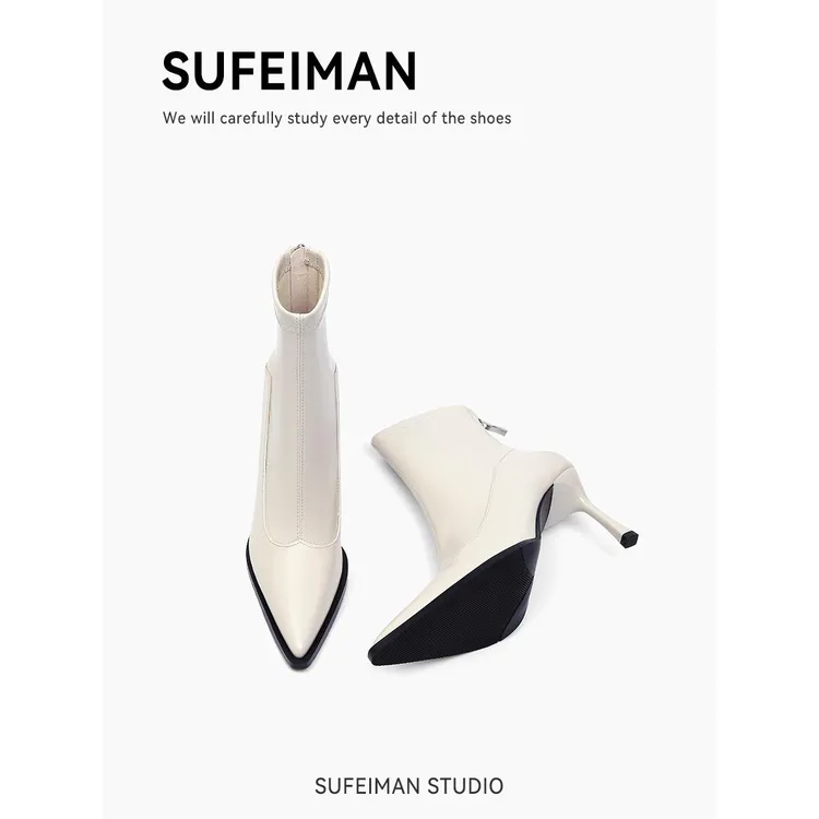 34-43码尖头高跟短靴女新款白色靴子女秋冬季细跟裸靴女瘦瘦靴