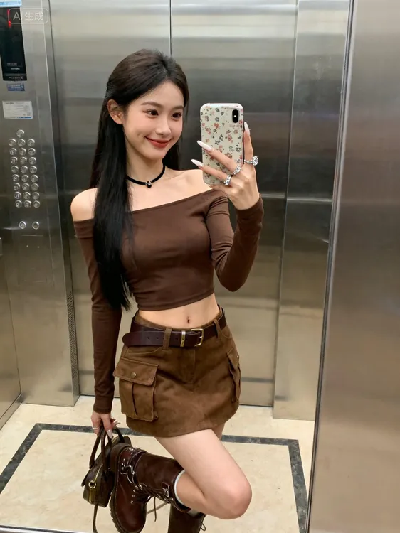 抹胸法式辣妹一字肩修身百搭气质短款长袖t恤衫上衣女ins辣妹短裙