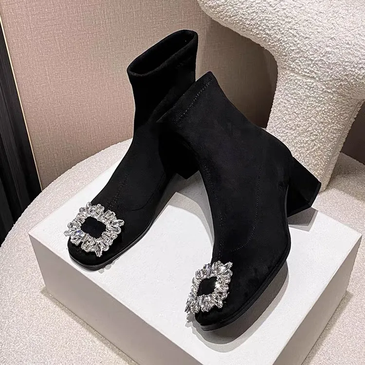 黑色瘦瘦靴法式方头百搭中跟女秋冬弹力靴绒面水钻粗跟短靴时尚