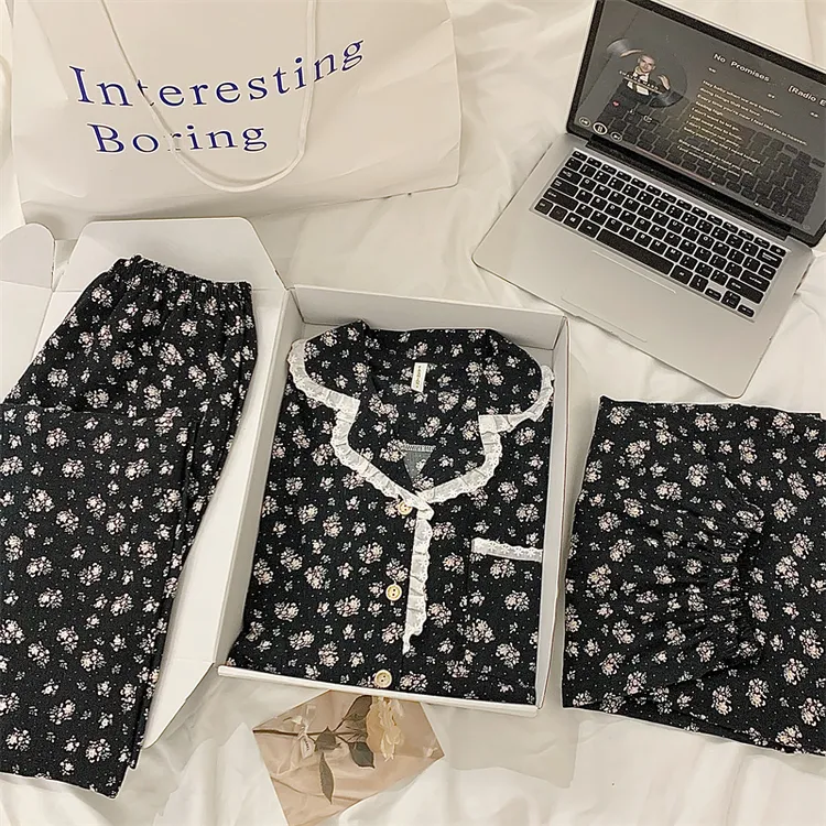 小王家三件套|暗黑小花2025韩版新款甜美大码家居服胖mm睡衣套装