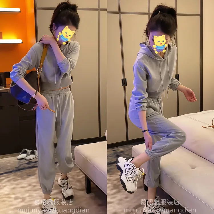 2025小众百搭长袖短款连帽卫衣套装女秋高腰抽绳束脚裤两件套