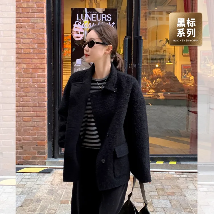 莉贝琳sisy黑标毛呢外套斜襟立领廓形保暖羊毛大衣女冬S25411CT07