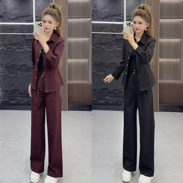 精品0982 气质高级纯色翻领收腰长袖上衣 加 长裤 两件套