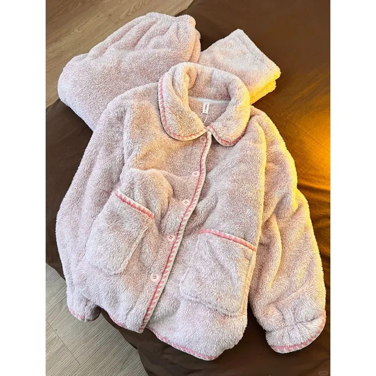 法式小香风珊瑚绒睡衣女冬季新款毛绒加厚保暖家居服套装可外穿
