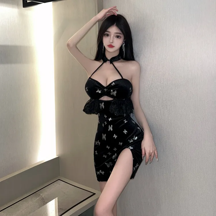时尚辣妹挂脖复古旗袍式蝴蝶印花高开叉短款丝绒露背包臀连衣裙女