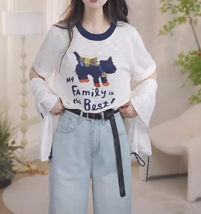 趣味卡通字母印花短袖女2025夏季新款正肩撞色设计感宽松显瘦上衣