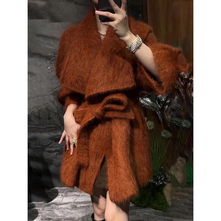 2025秋冬季复古大码毛呢外套女秋冬系带收腰中长款加厚呢子大衣