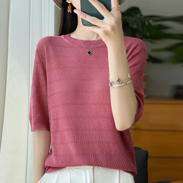 夏装2025新款大码冰丝针织短袖T恤女宽松遮肚子显瘦洋气薄款上衣