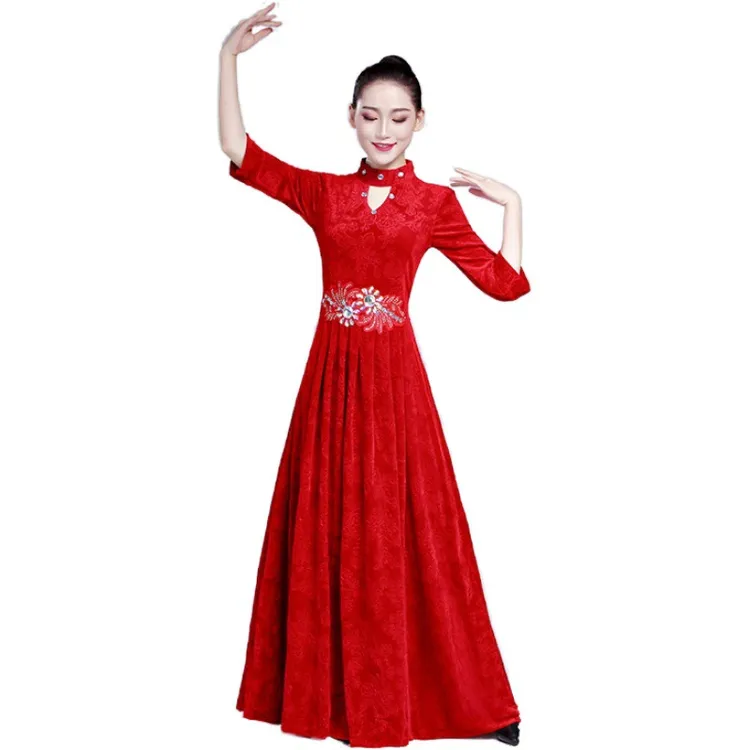 金丝绒大合唱演出服合唱服长裙成人礼服修身中老年合唱团指挥服装