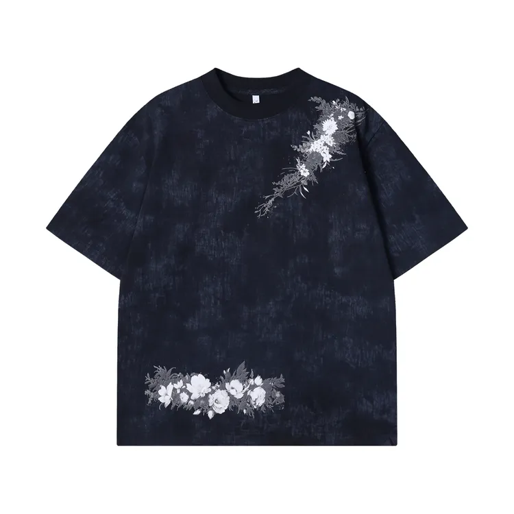 夏季高级感新款美式扎染印花花卉圆领短袖T恤复古高街套头上衣
