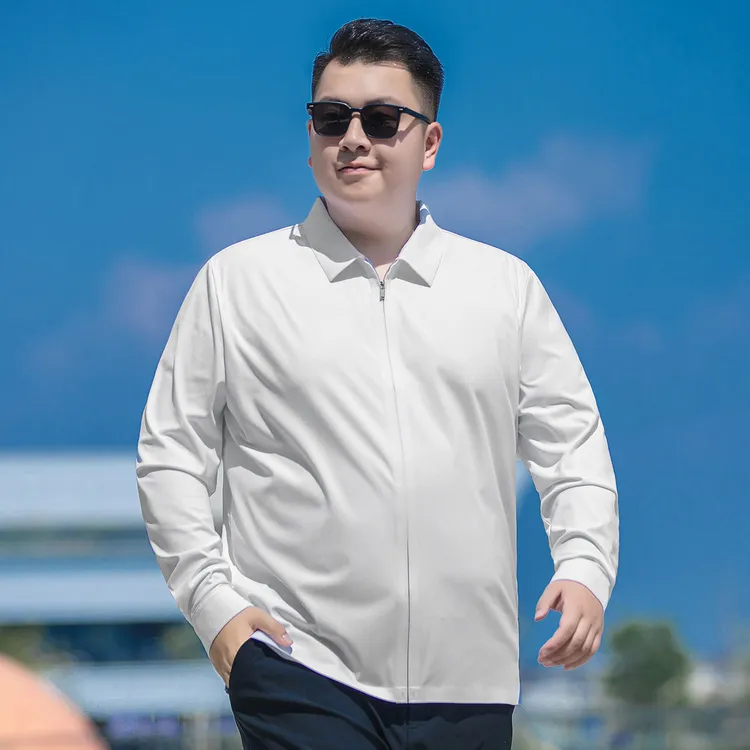 【拉链式衬衫外套】大码男装纯色秋季长袖衬衣胖子商务宽松弹力外套