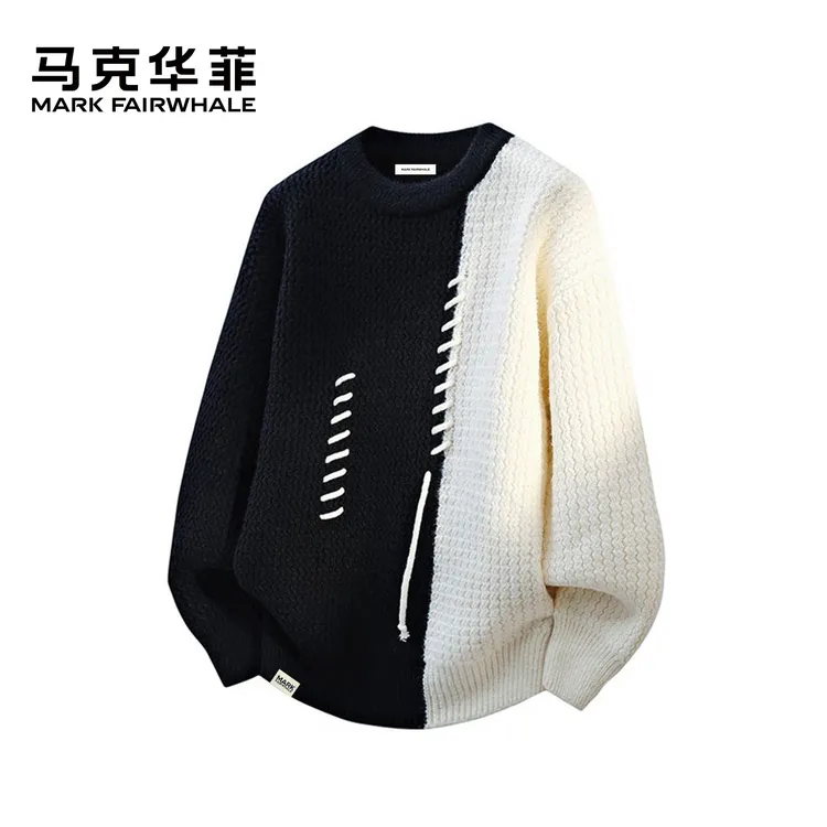 马克华菲冬季男士针织拼色保暖毛衣针织衫上衣宽松打底衫时尚休闲