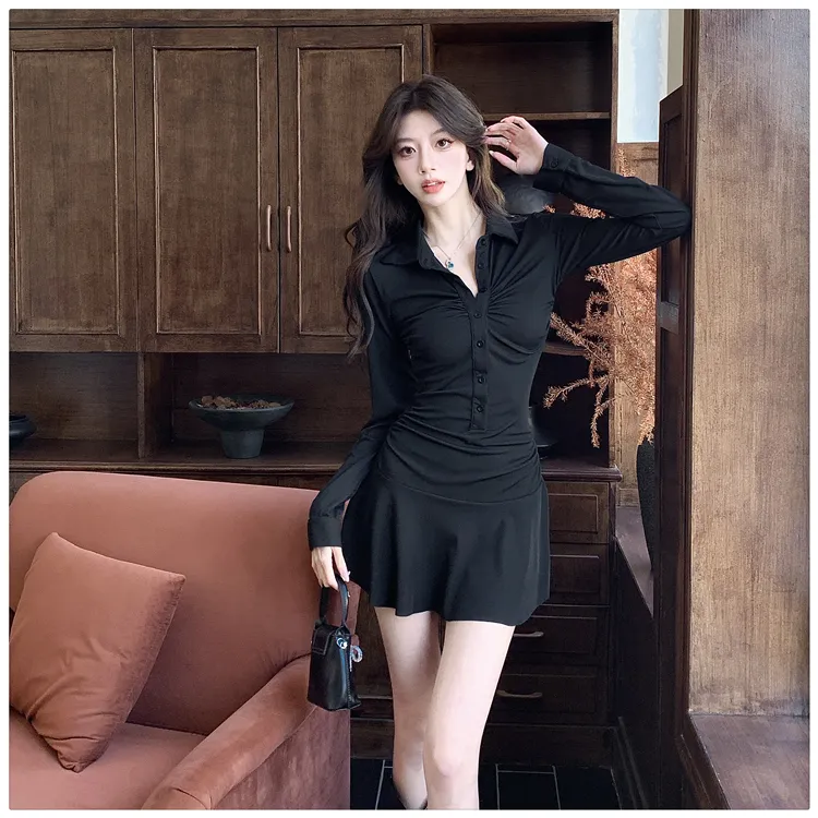 春游出行美式运动风polo领长袖连衣裙设计感收腰褶皱减龄衣服伞裙