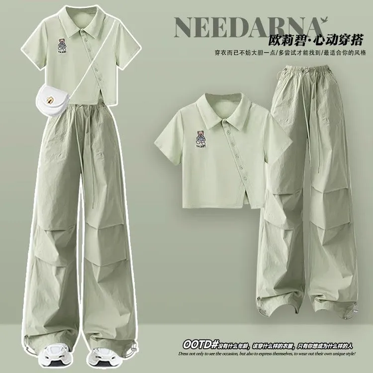 巨好看夏日绝美俏皮小套装学院风减龄短袖多巴胺又酷又飒工装裤女