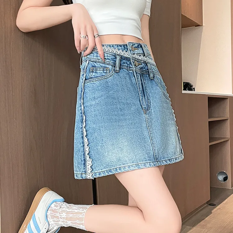 夏季女2025新品时尚小众不规则设计感蕾丝花边短款百搭牛仔半身裙