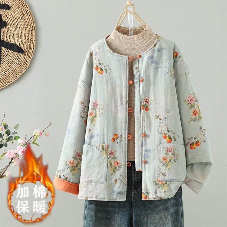 秋冬季新款高端新中式棉麻双面穿棉服外套宽松圆领盘扣国风夹棉服