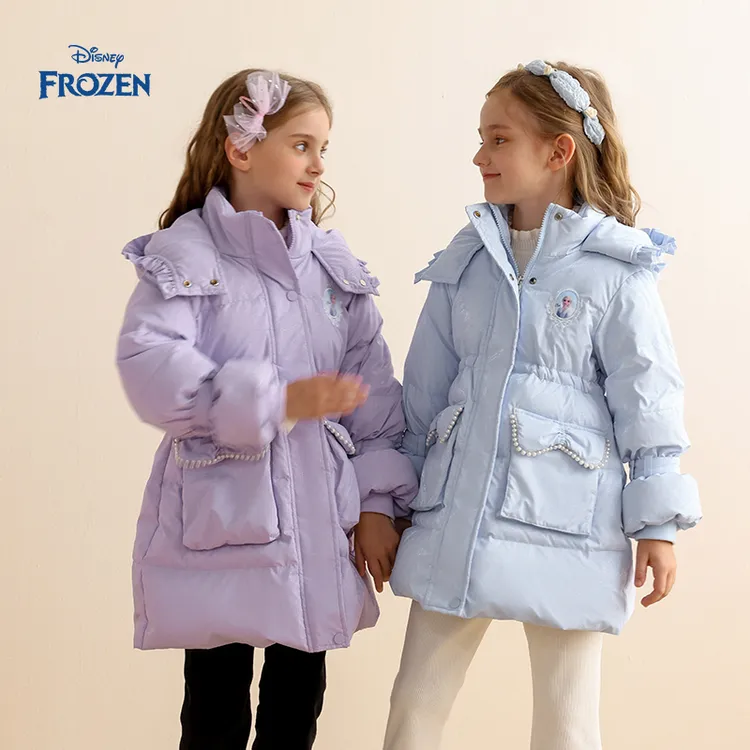 Disney/迪士尼冰雪奇缘女童秋冬新款中长款保暖白鸭绒时尚羽绒服