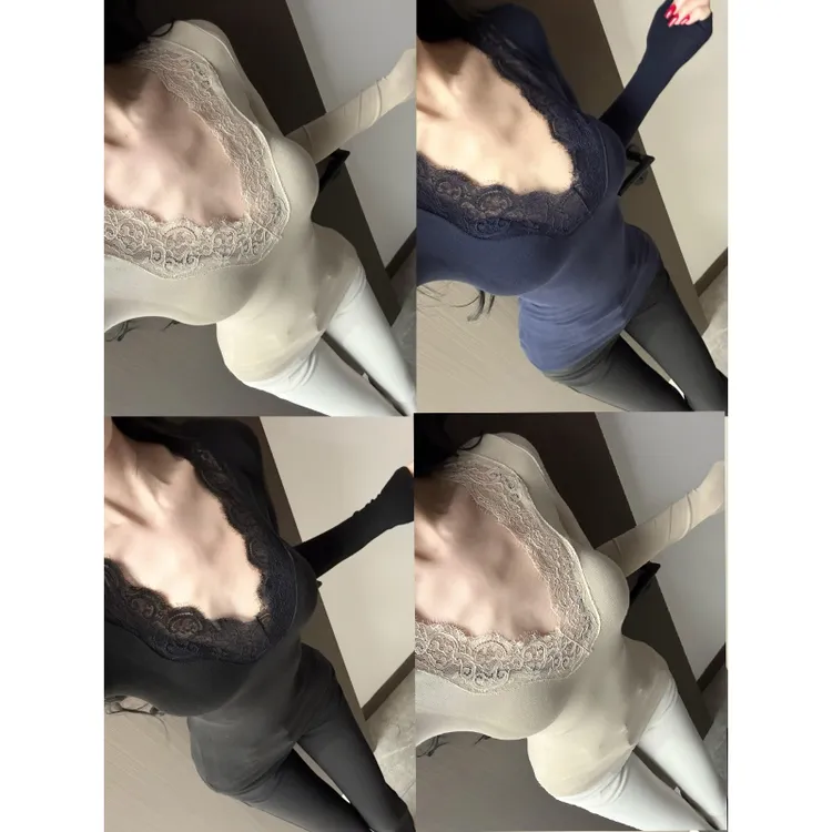 2025年冬季新款加绒高级设计感蕾丝V领长袖打底衫女内搭显瘦上衣