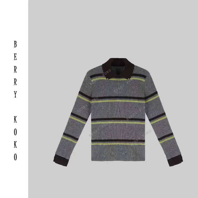 【MISSKO】秋冬高品质“山羊绒”翻领复古撞色杠条高弹显瘦毛衣 T56