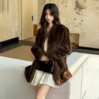  Yourfurs 半糖主义 丹麦进口貂皮大衣半抽皮草外套女黑色水貂