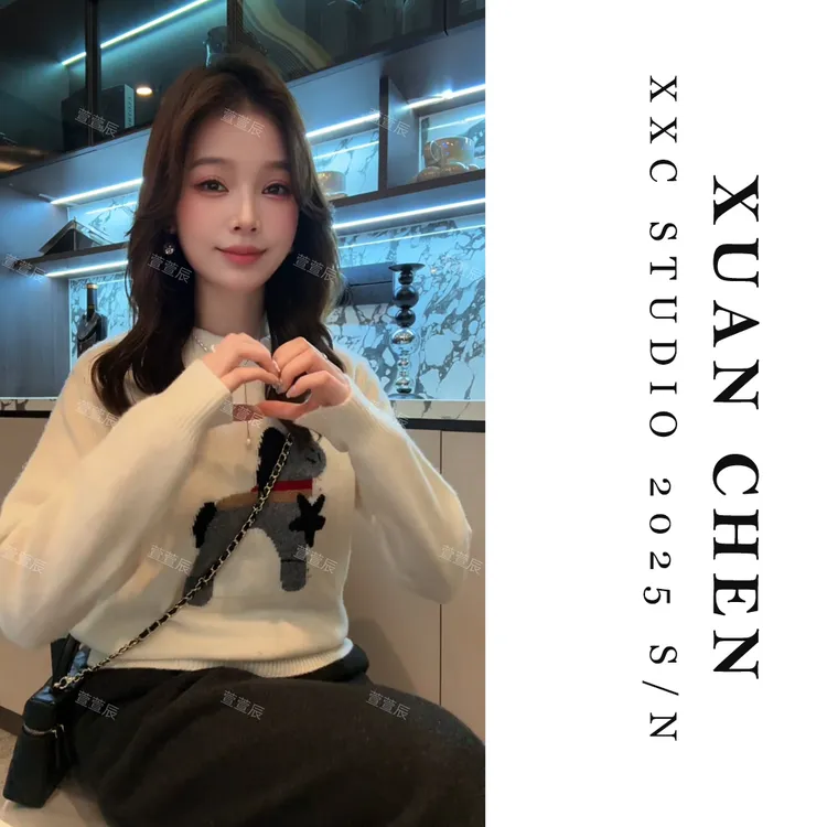【布丁小狗】毛衣女款爆款2025新款洋气全羊毛提花翻领针织衫#9165
