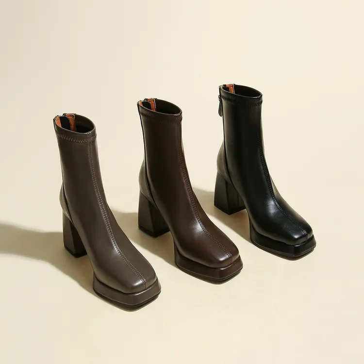 头层牛皮法式短靴高跟粗跟方头2025秋冬新款女靴显高显瘦弹力女靴