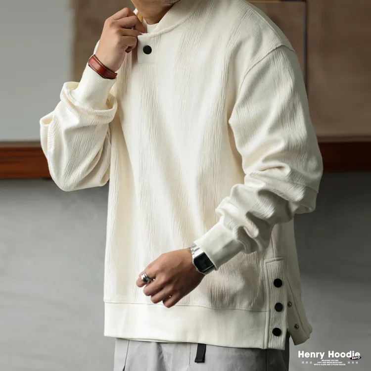 美式休闲重磅提花纹理卫衣男松弛设计感宽松棒球领套头衫春纯色