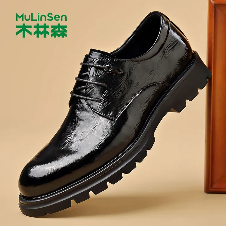 木林森2025秋季新款尖头英伦风系带男士正装结婚商务休闲皮鞋黑色