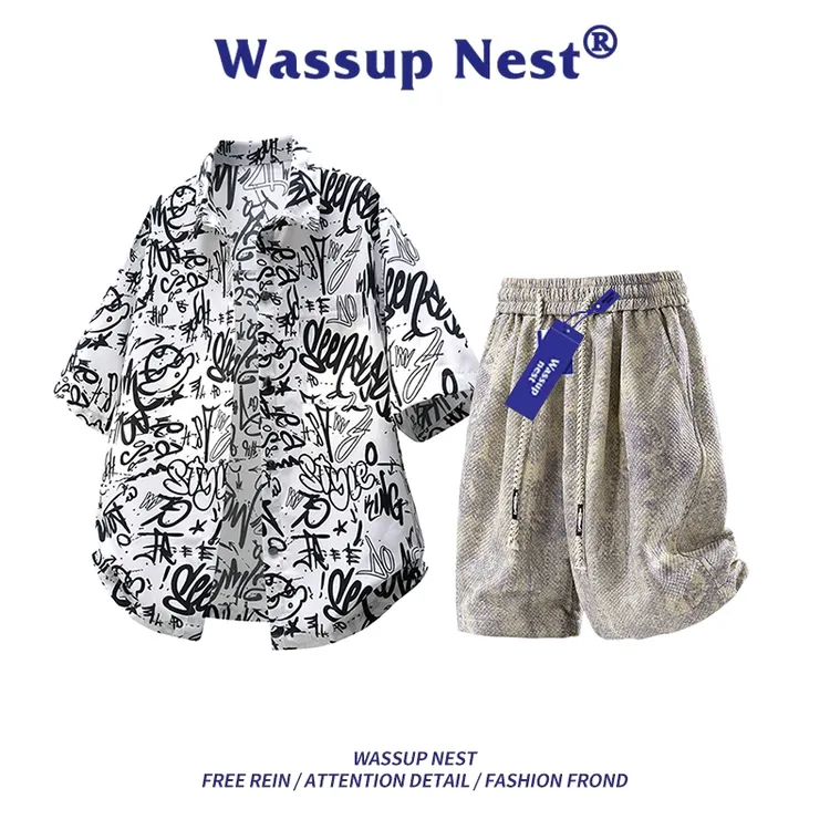 WASSUP NEST潮牌套装男夏季短袖衬衫男士轻奢运动短裤男款两件套