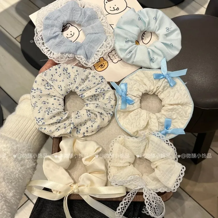 韩系奶油波点蝴蝶结大肠碎花发圈蕾丝花边马尾头绳少女发饰发绳