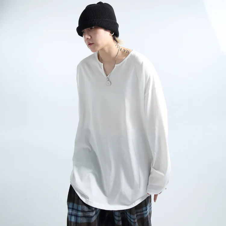 GRNL至简主义 Oversize大廓形纯色小V领长袖T恤TEE男女同款