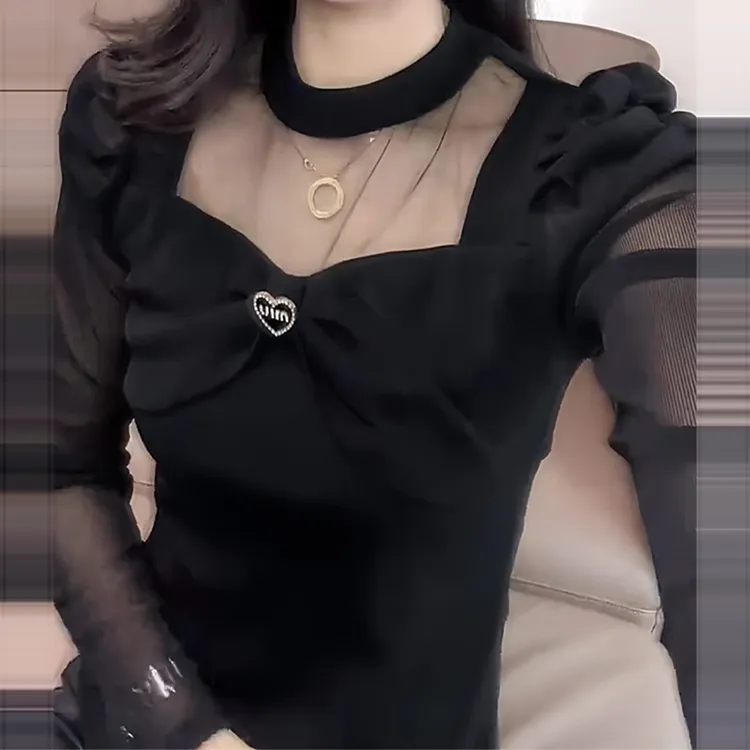 泡泡袖网纱拼接黑色长袖T恤女春秋减龄气质百搭显瘦打底内搭上衣