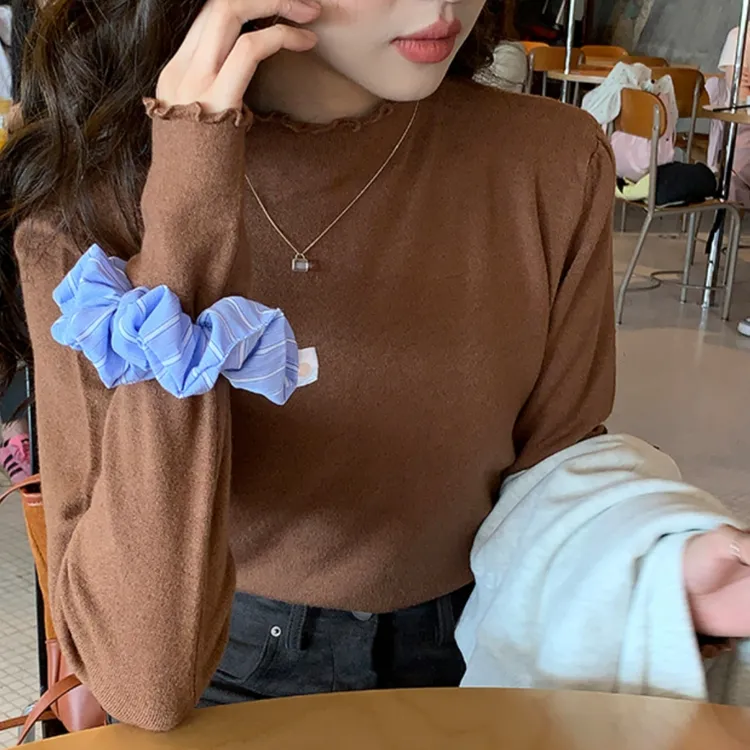 【曼千姿】木耳边内搭打底衫女秋冬堆堆半高领纯色显瘦长袖针织上衣