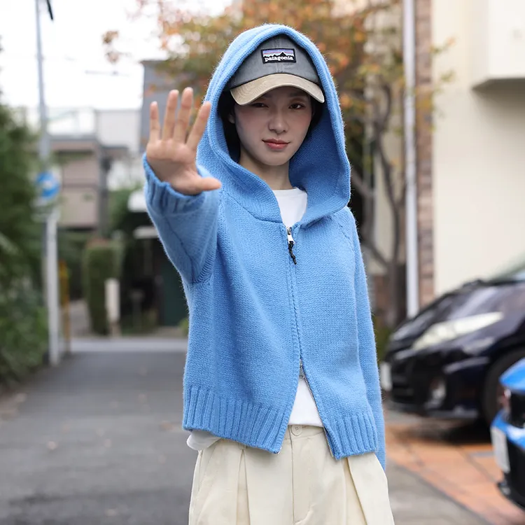 鹿与飞鸟三色双拉头造型感层次连帽保暖开衫毛衣针织外套5611