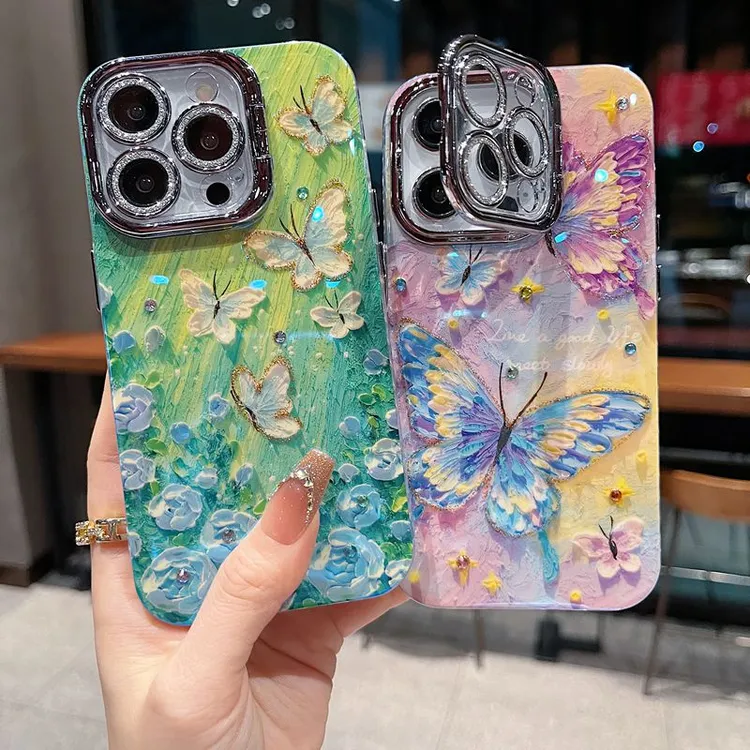 适用苹果系列iPhone16新款手机壳梦幻绿蝴蝶银灰色闪粉镜头支架