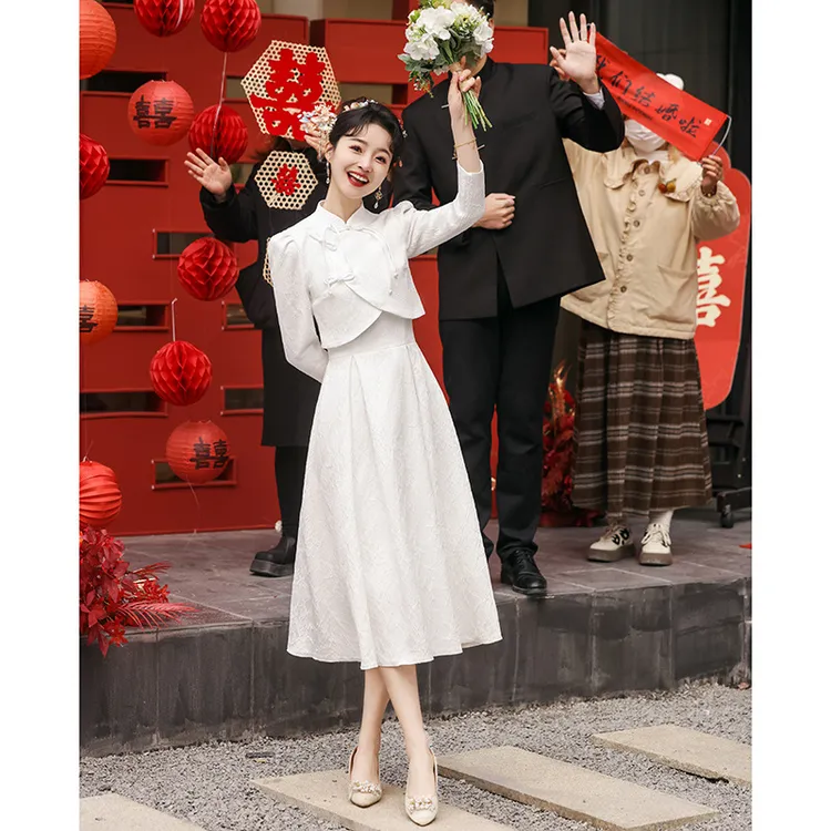 新中式订婚礼服平时可穿领证小白裙敬酒服轻登记衣服白色套装
