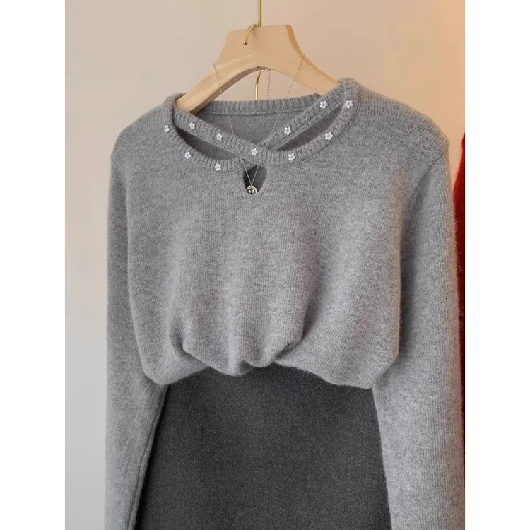 秋冬季灰色高级感小众镂空针织衫上衣女装洋气内搭打底衫软糯毛衣