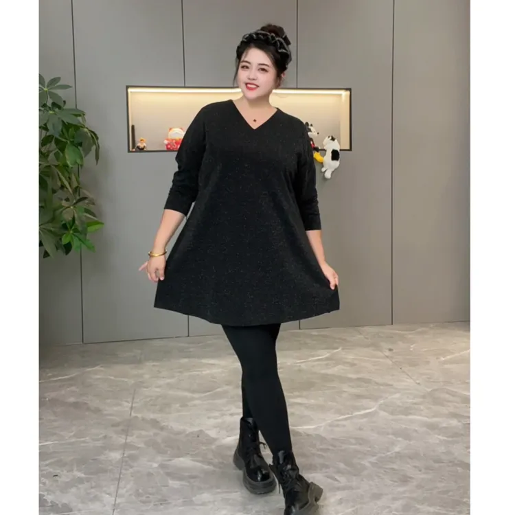 秋季新款宽松显瘦V领特体大码260斤可穿时尚百搭打底大衫裙