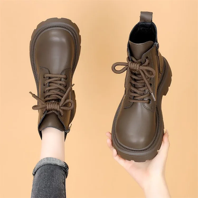 真皮厚底冬季秋冬女春季靴子侧拉链2025春秋季复古英伦风马丁靴轻