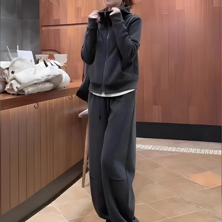 2025春季新款慵懒风休闲运动套装女加绒加厚卫衣外套阔腿裤两件套