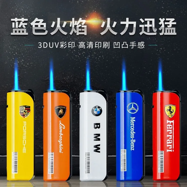 新款车标金属蓝焰直冲创意防风车标打火机耐用防爆充气高档批发